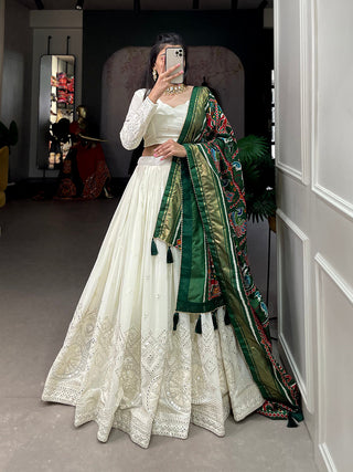 White Color Lucknowi Paper Mirror Work Georgette lehenga Choli ClothsVilla.com
