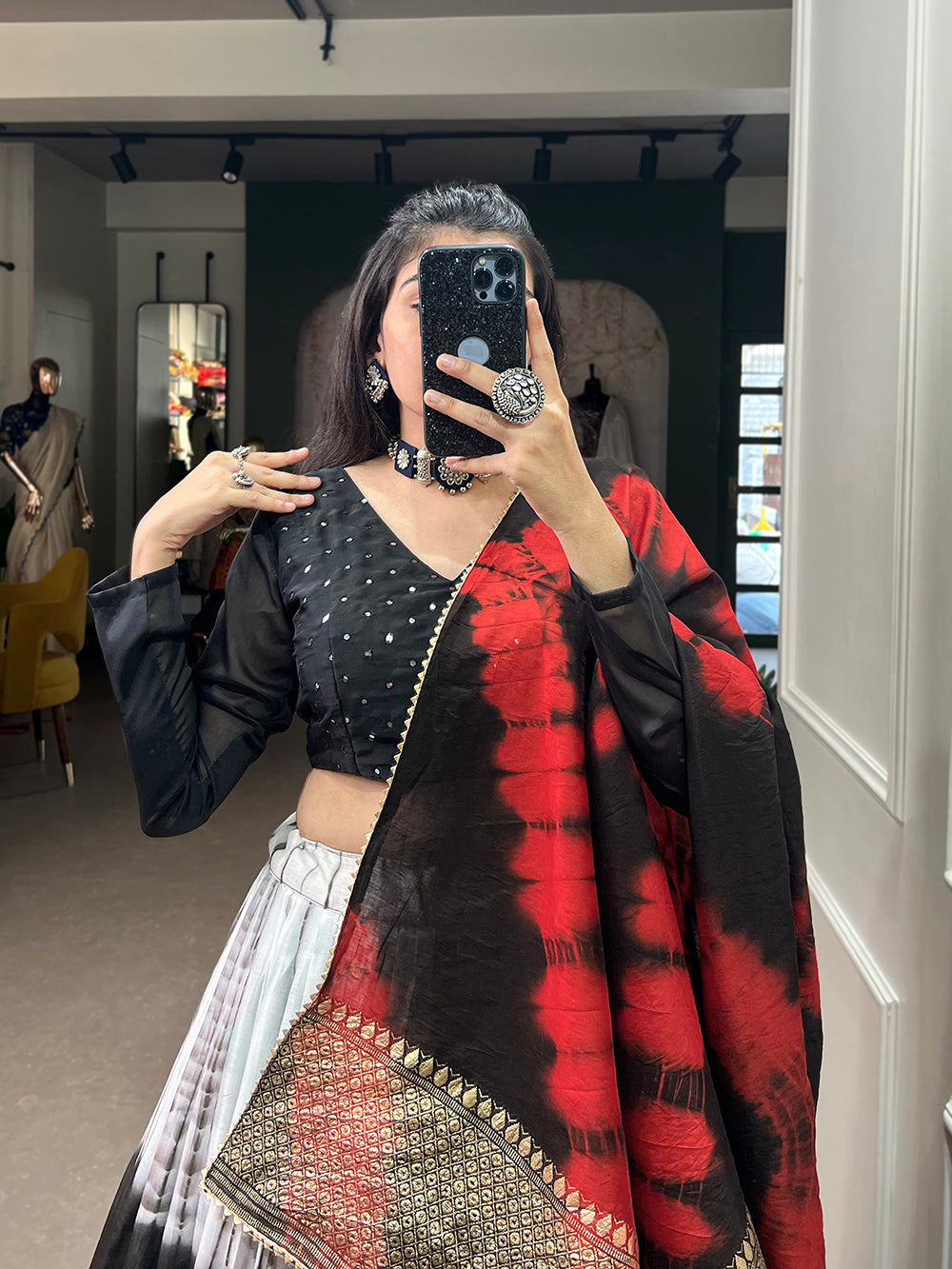Black Color Shibori Printed With Zari Weaving Work Chanderi Lehenga Choli Clothsvilla