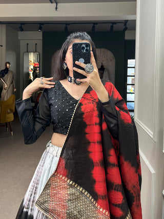 Black Color Shibori Printed With Zari Weaving Work Chanderi Lehenga Choli Clothsvilla