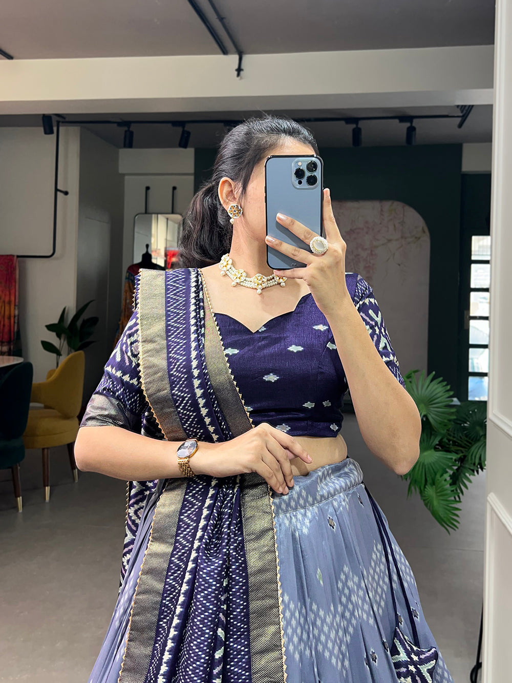 Navy Blue Color Dot And Ikkat Print With Foil Work Tussar Silk Lehenga Choli Clothsvilla