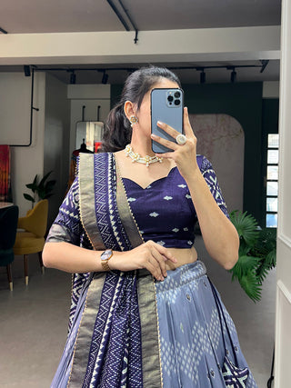 Navy Blue Color Dot And Ikkat Print With Foil Work Tussar Silk Lehenga Choli Clothsvilla