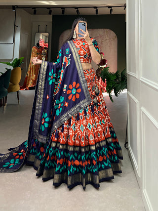 Orange Color Patola Print With Foil Work Tussar Silk Lehnga Choli Clothsvilla