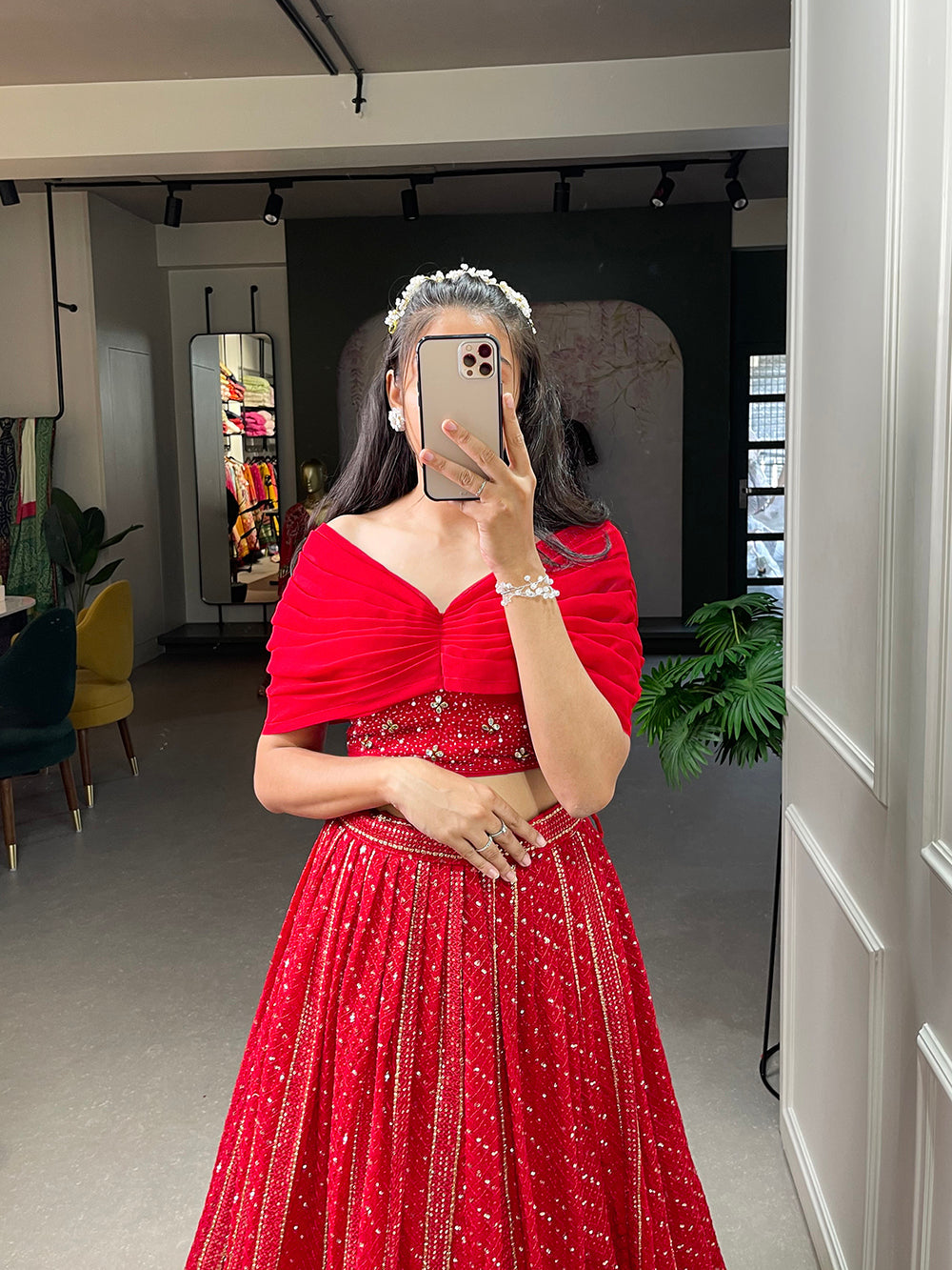 Red Color Sequins and Embroidery Thread Work Georgette Co-Ord Set Lehenga Choli ClothsVilla.com