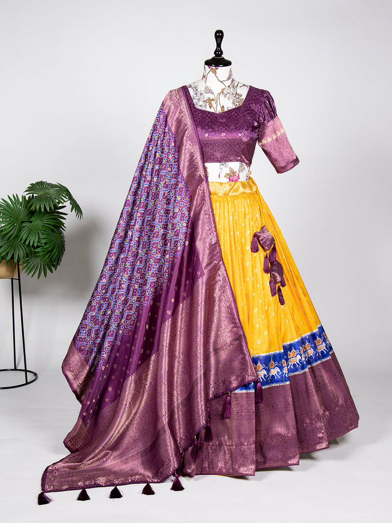 Yellow Color Weaving Work With Digital Print Jacquard Silk Half Saree Lehenga Choli ClothsVilla.com