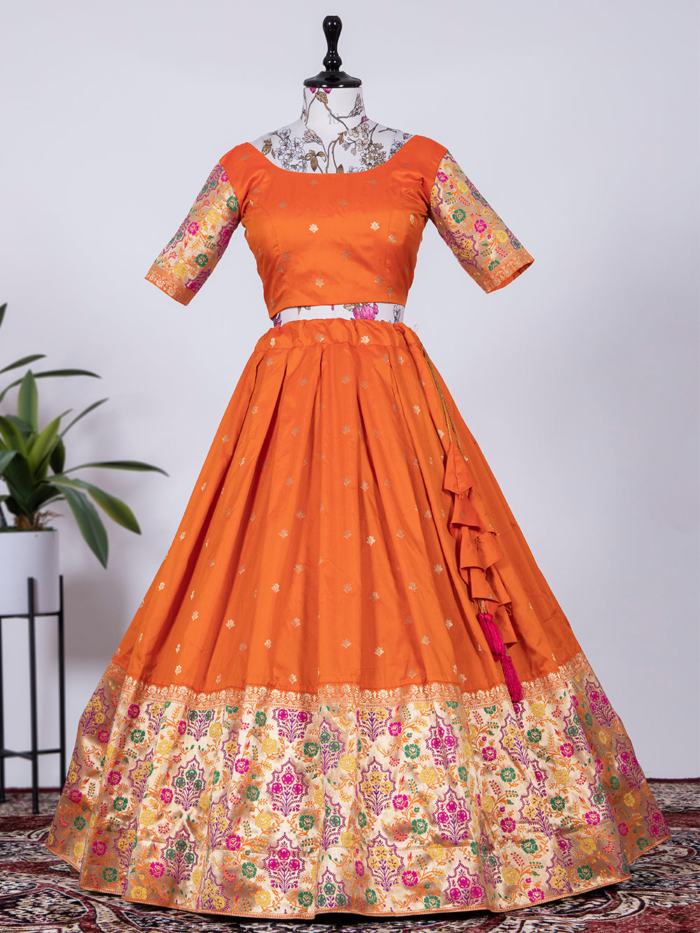 Orange Printed Jacket Style Skirt Set In Georgette Indo Western 898TB03