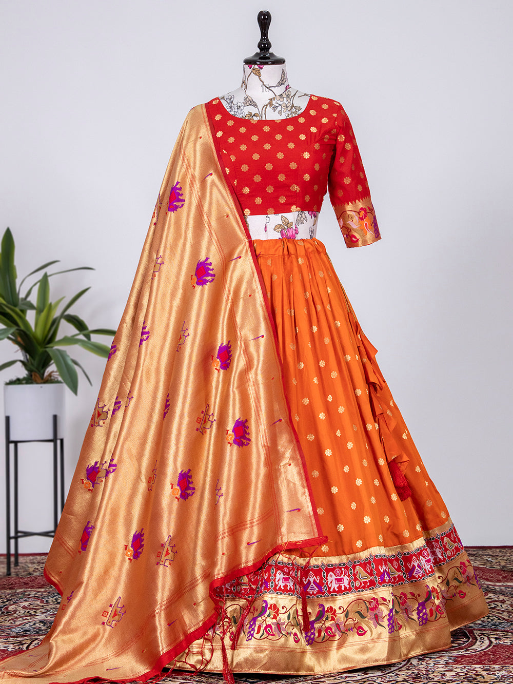 Orange Color Jacquard Silk Paithani Lehenga Choli Clothsvilla