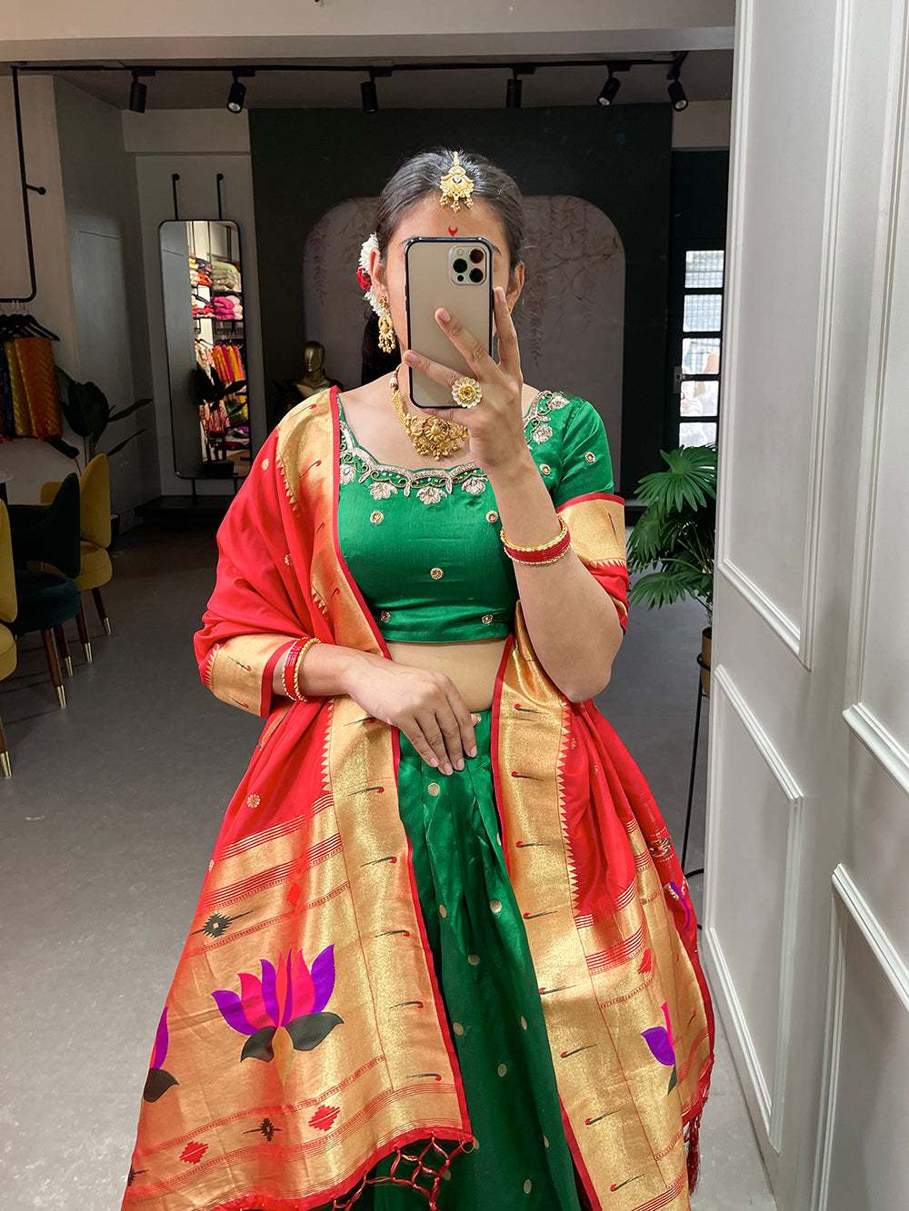 Green Color Weaving Zari Work jacquard Paithani Silk Lehenga Choli ClothsVilla.com