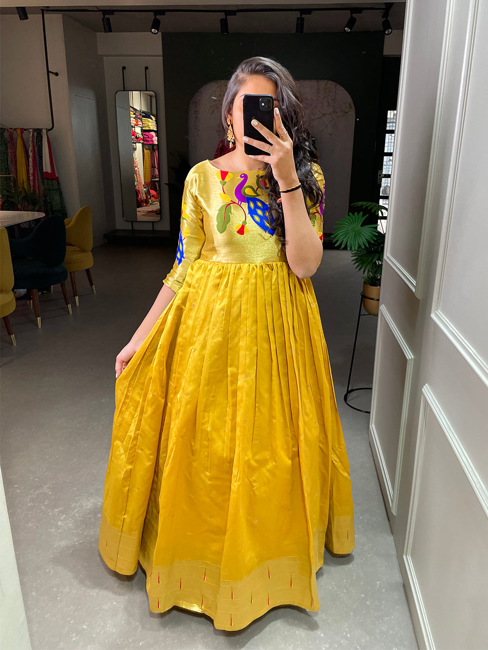 Mustered Color Weaving Zari Work Jacquard Silk Paithani Gown Clothsvilla
