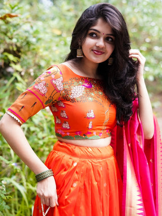 Orange Color Weaving Zari Work Silk Paithani Lehenga Choli Clothsvilla