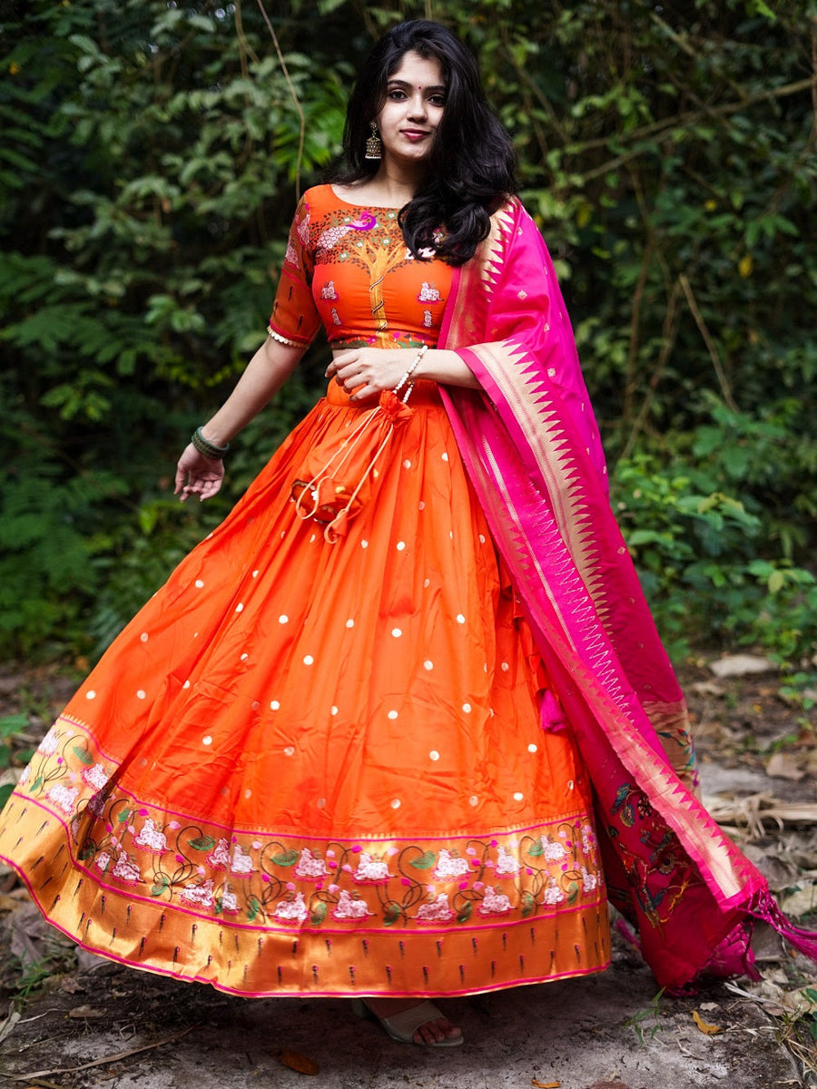 Orange Color Weaving Zari Work Silk Paithani Lehenga Choli