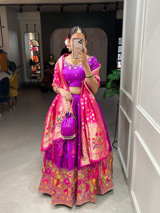 Purple Color Weaving Zari Work jacquard Paithani Silk Lehenga Choli ClothsVilla.com