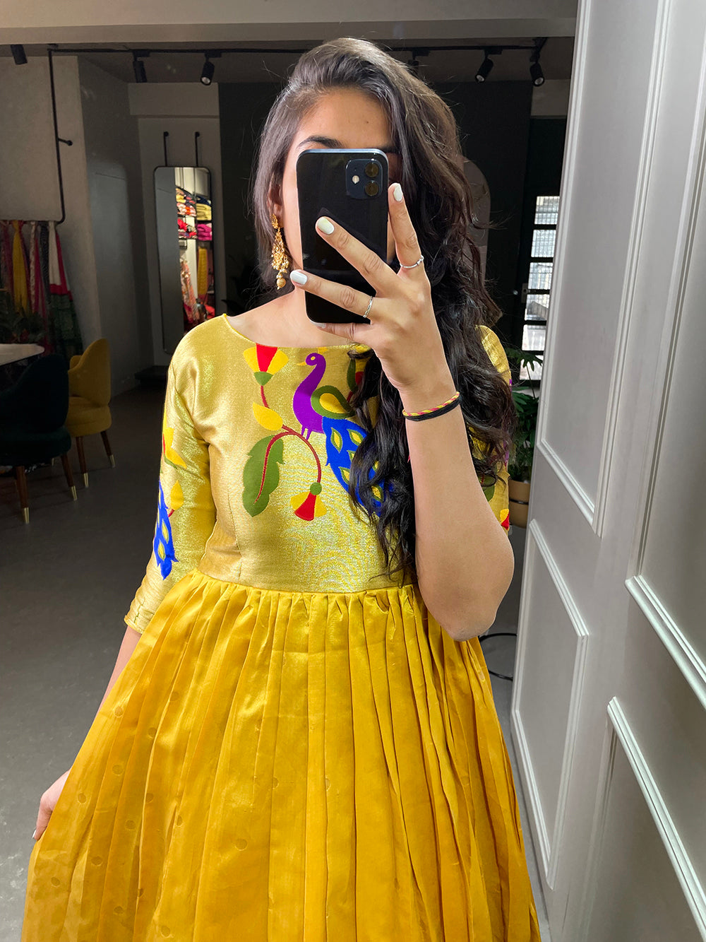Mustered Color Weaving Zari Work Jacquard Silk Paithani Gown Clothsvilla