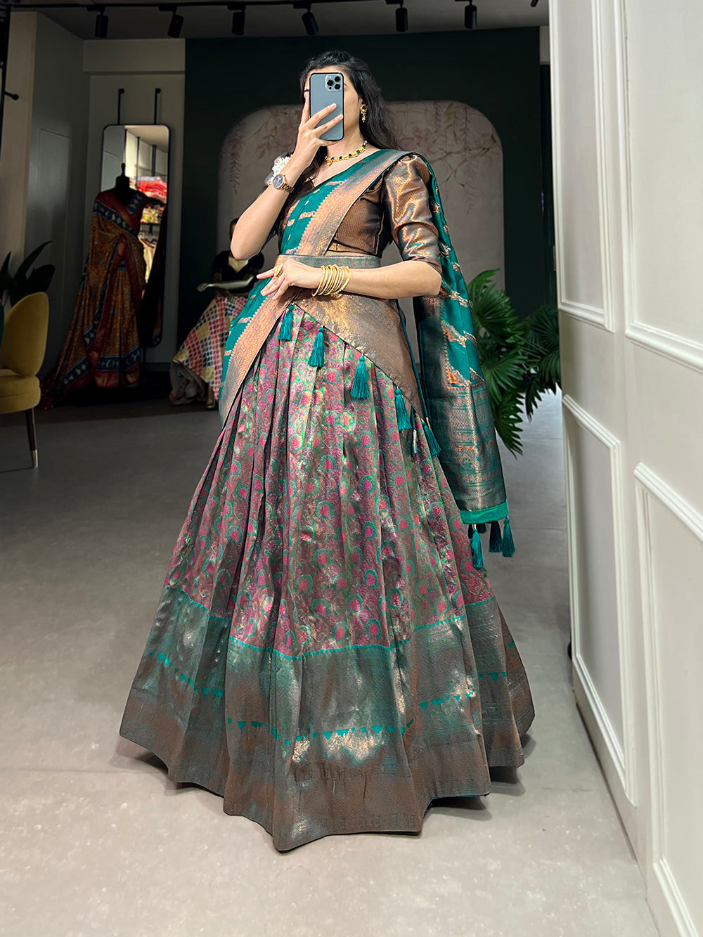 Firozi Color Zari Weaving Work Weaving Silk(Jacquard) Maharashtra Lehenga Choli Clothsvilla