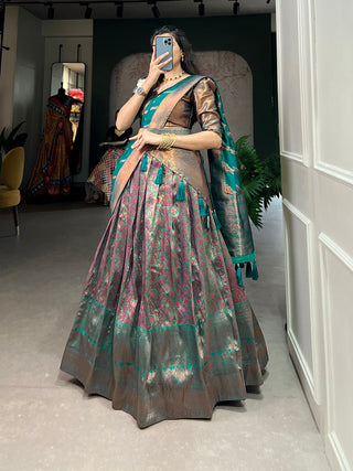 Firozi Color Zari Weaving Work Weaving Silk(Jacquard) Maharashtra Lehenga Choli Clothsvilla