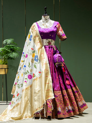 Purple Color Weaving Zari Work Jacquard Pethani Lehenga Sets Clothsvilla
