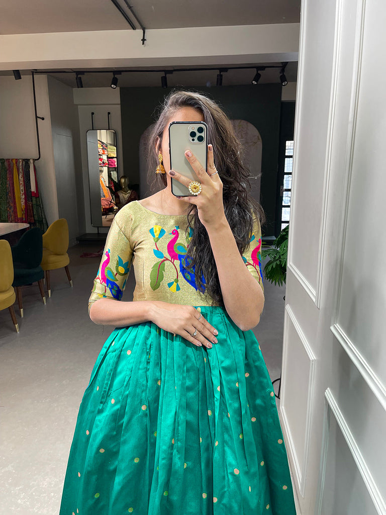 Bottle Green Color Weaving Zari Work Jacquard Silk Paithani Gown Clothsvilla