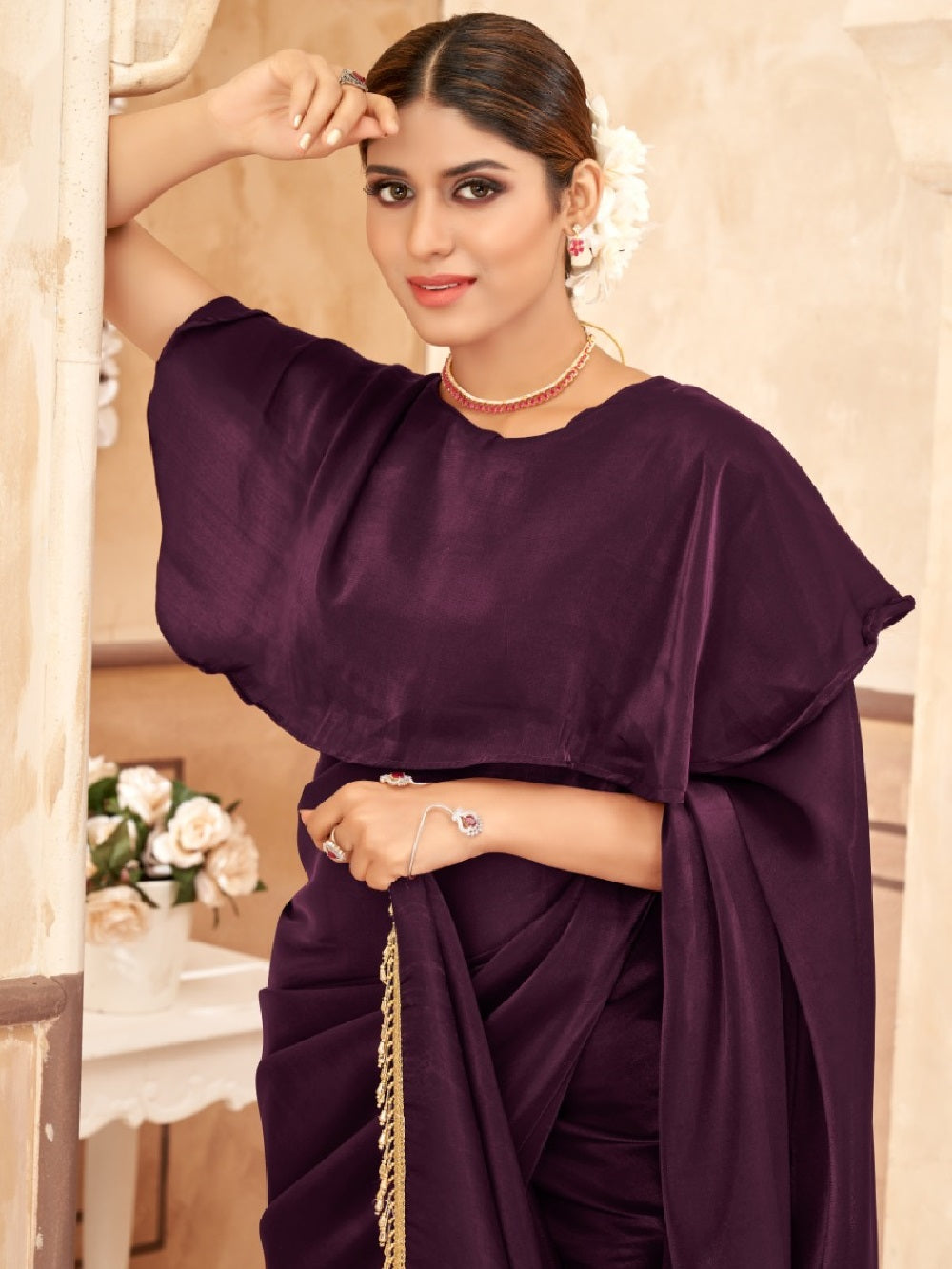 Wine Color Plain Jimi Silk Saree Secondary image