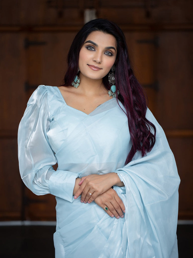 Sky Blue Color Jimi Silk Pallu Lace Border Saree Clothsvilla