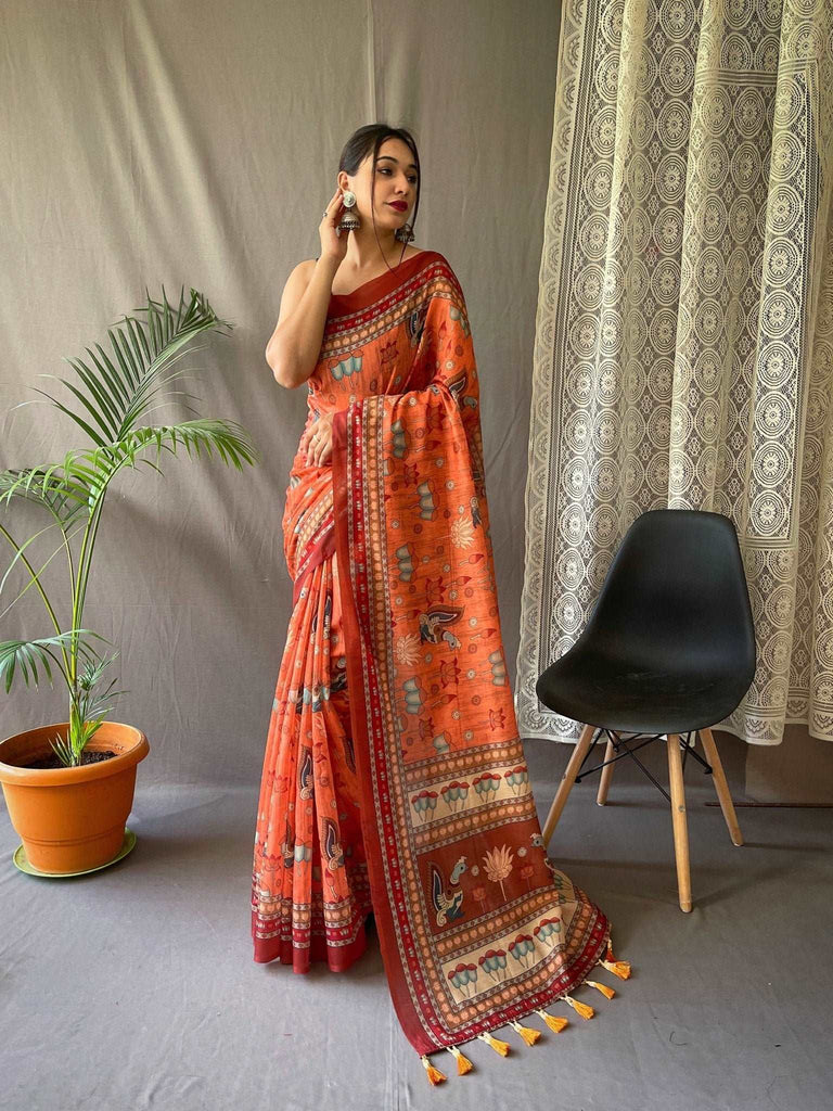 Kadambari Cotton Kalamkari Printed Saree Orange Clothsvilla