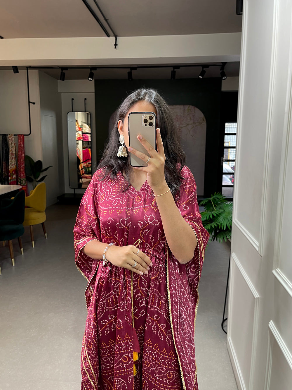 Maroon Color Bandhej Print With Gotta Patti Lace Border Gaji Silk Kaftan ClothsVilla.com