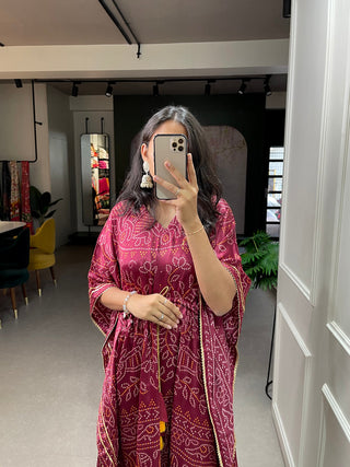 Maroon Color Bandhej Print With Gotta Patti Lace Border Gaji Silk Kaftan ClothsVilla.com