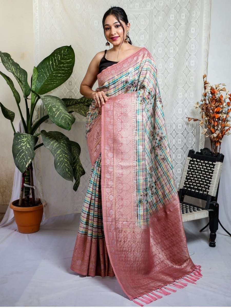 Kaira Linen Slub Jaal Woven Saree with Checkered Prints Pastel Pink Clothsvilla