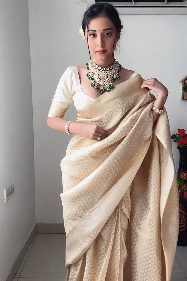 Demesne 1-Minute Ready To Wear Beige Kanjivaram Silk Saree RTW