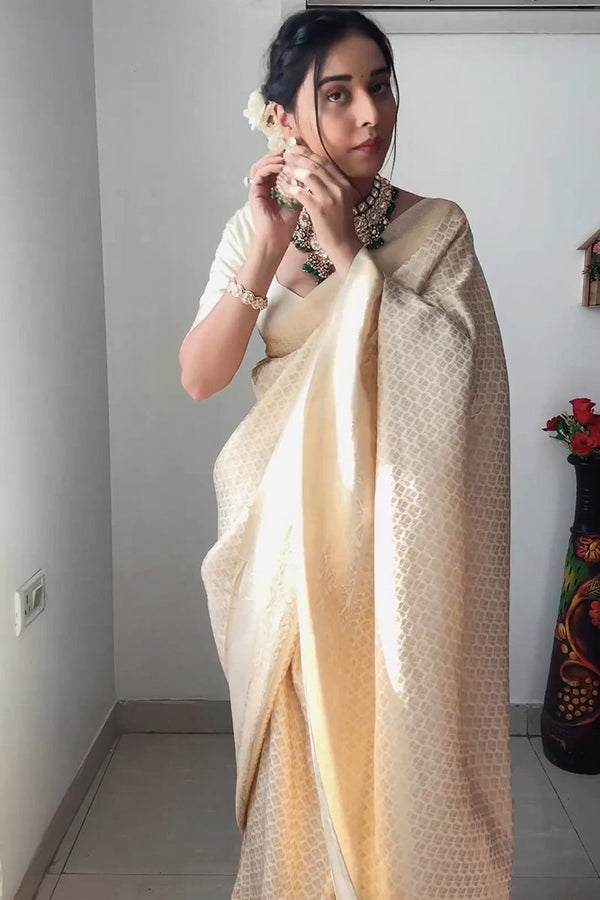 Demesne 1-Minute Ready To Wear Beige Kanjivaram Silk Saree RTW