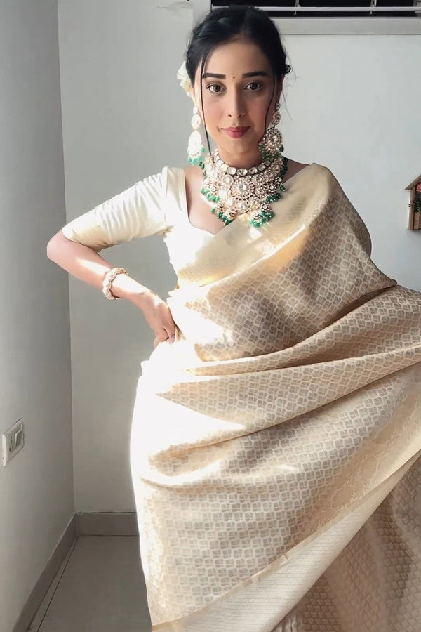 Demesne 1-Minute Ready To Wear Beige Kanjivaram Silk Saree RTW