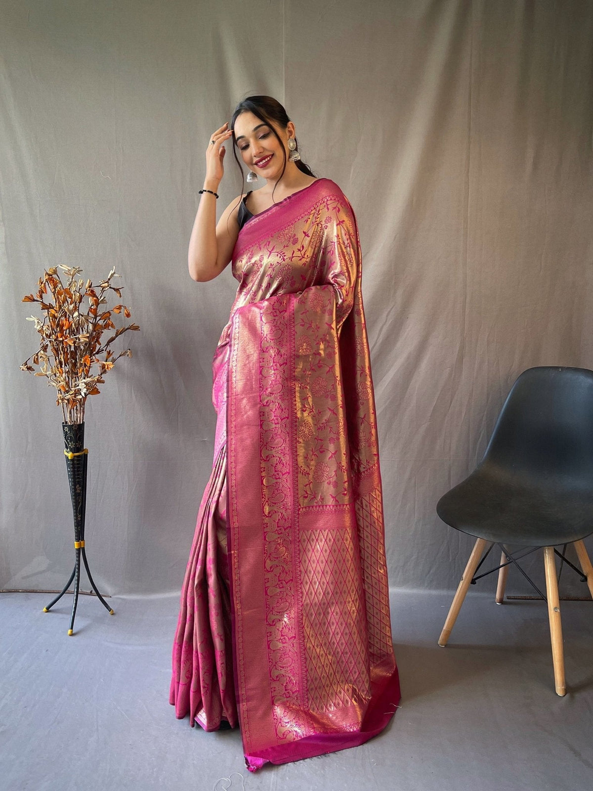 Kanjeevaram Silk Self Jaal Woven Saree Dark Pink Clothsvilla Main image