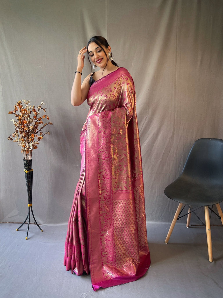 Kanjeevaram Silk Self Jaal Woven Saree Dark Pink Clothsvilla
