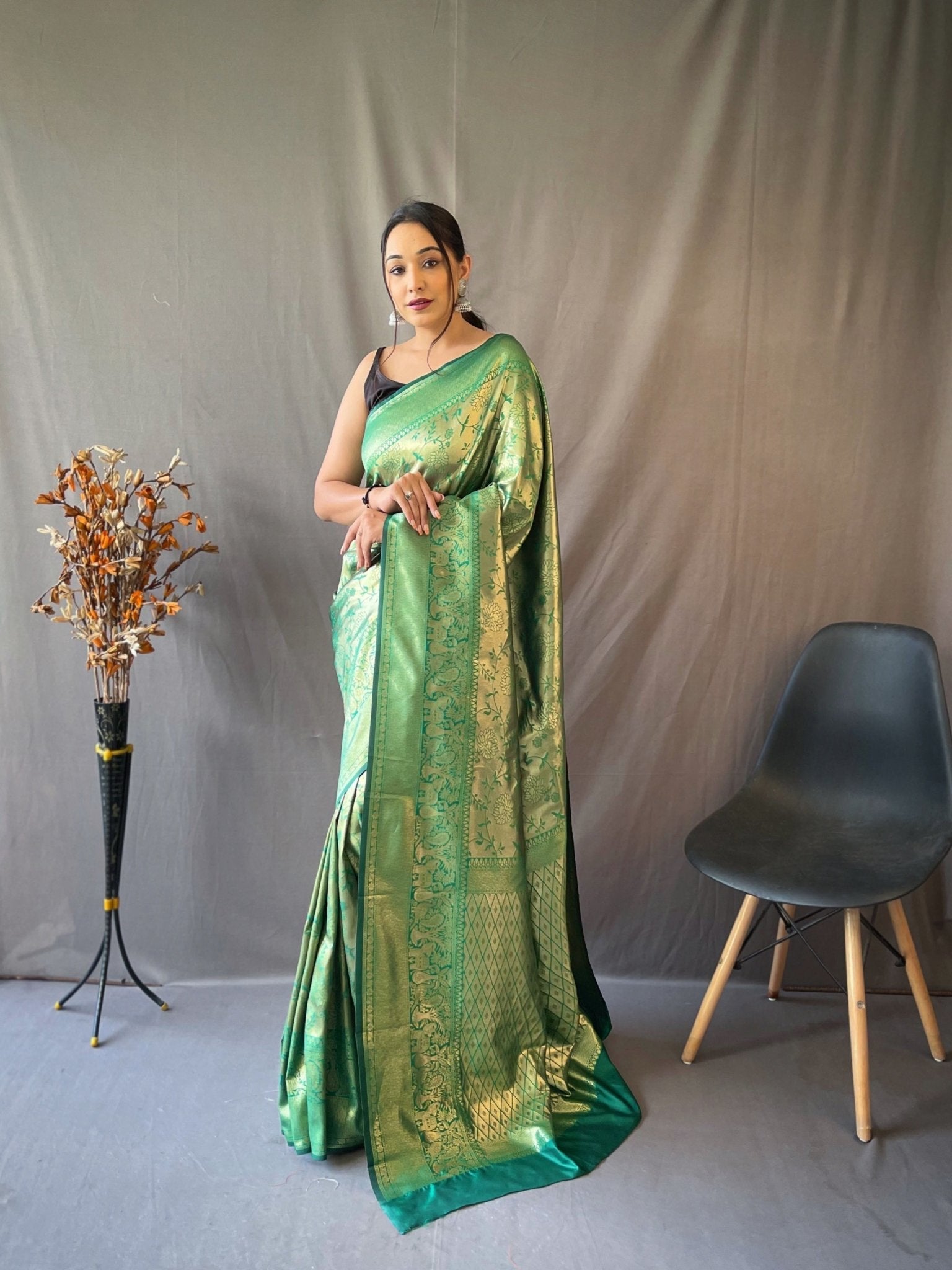 Kanjeevaram Silk Self Jaal Woven Saree Dark Green Clothsvilla Main image