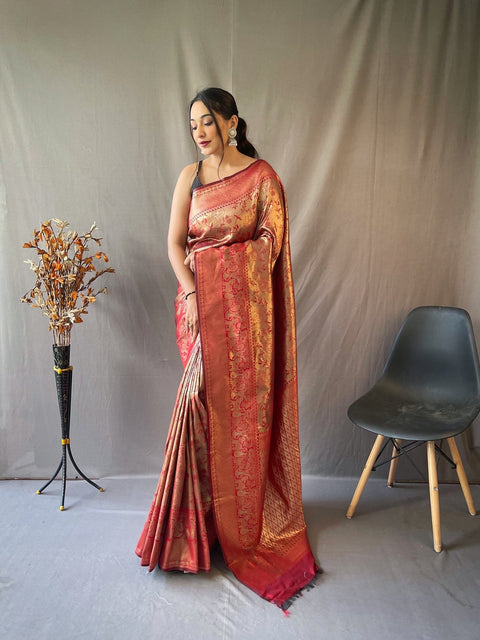 Kanjeevaram Silk Self Jaal Woven Saree Dark Red Clothsvilla Main image