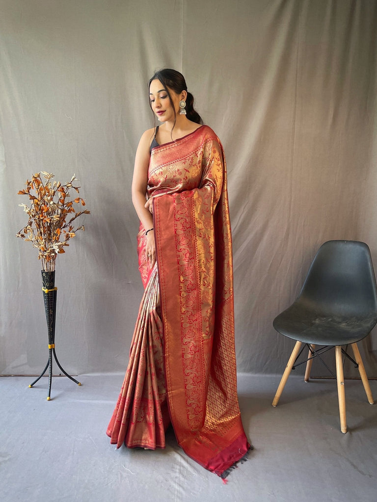Kanjeevaram Silk Self Jaal Woven Saree Dark Red Clothsvilla