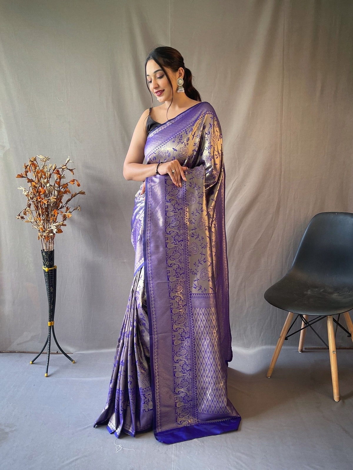 Kanjeevaram Silk Self Jaal Woven Saree Persian Indigo Clothsvilla Main image