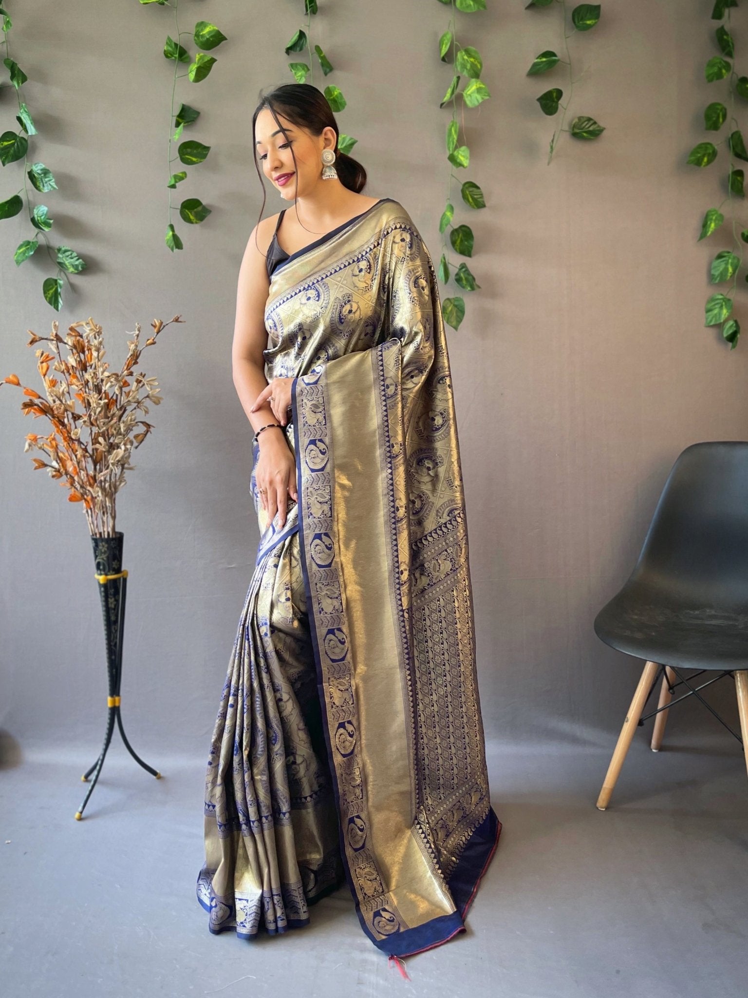 Kanjeevaram Silk Self Peacock Woven Saree Blue Zodiac Clothsvilla