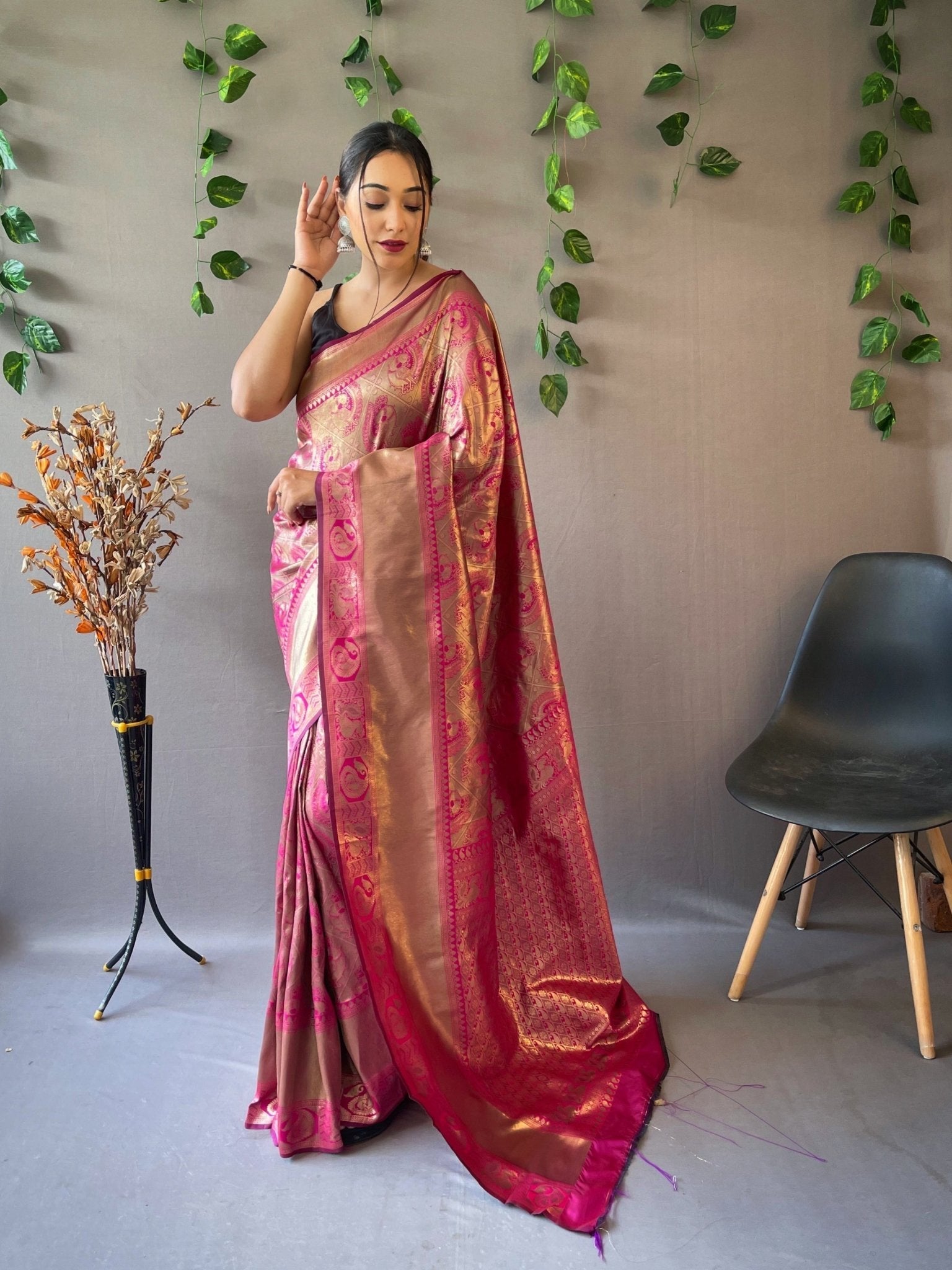 Kanjeevaram Silk Self Peacock Woven Saree Dark Carnation Pink Clothsvilla