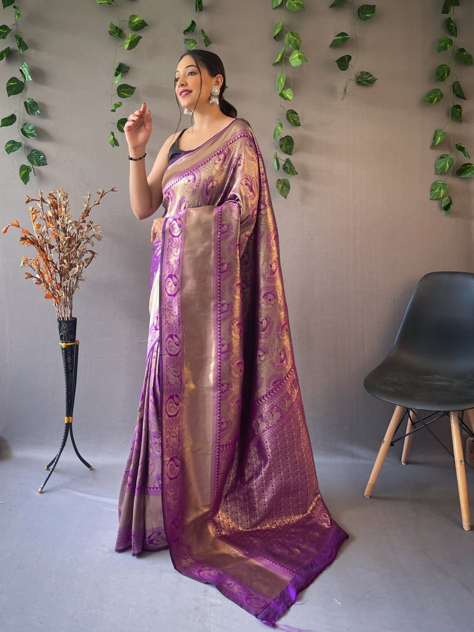 Kanjeevaram Silk Self Peacock Woven Saree Purple Jam Clothsvilla