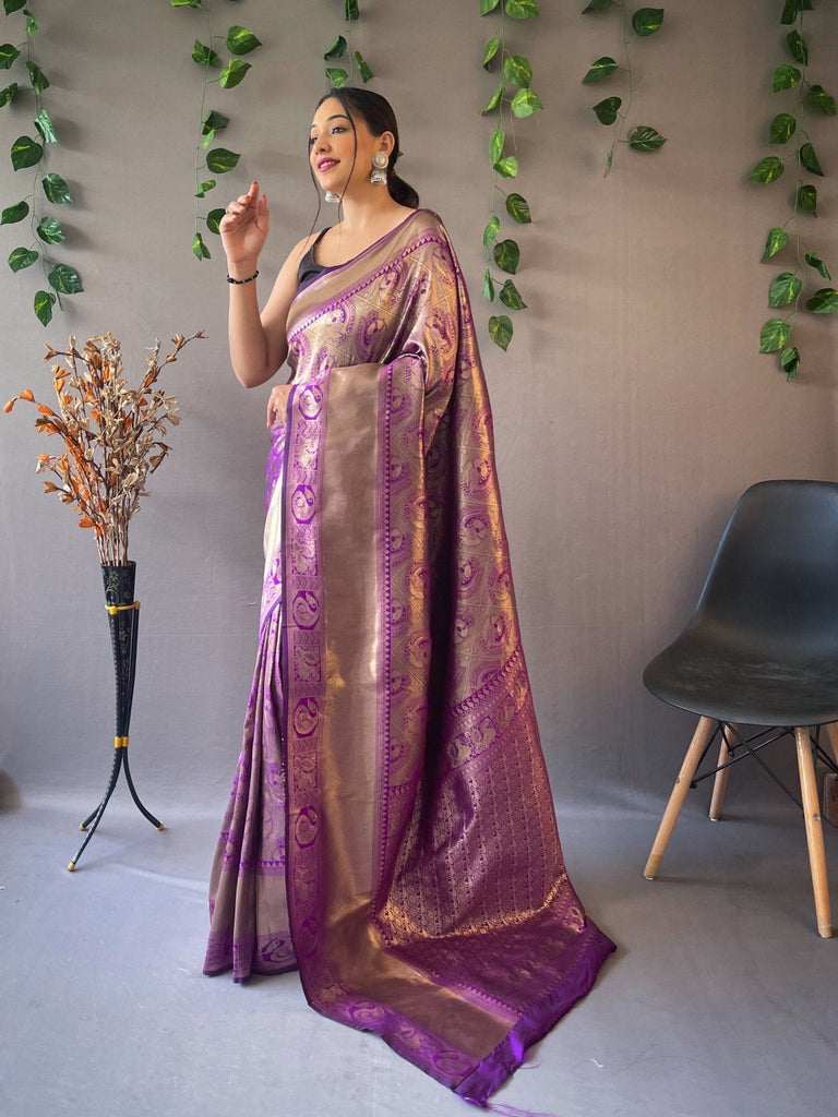 Kanjeevaram Silk Self Peacock Woven Saree Purple Jam Clothsvilla