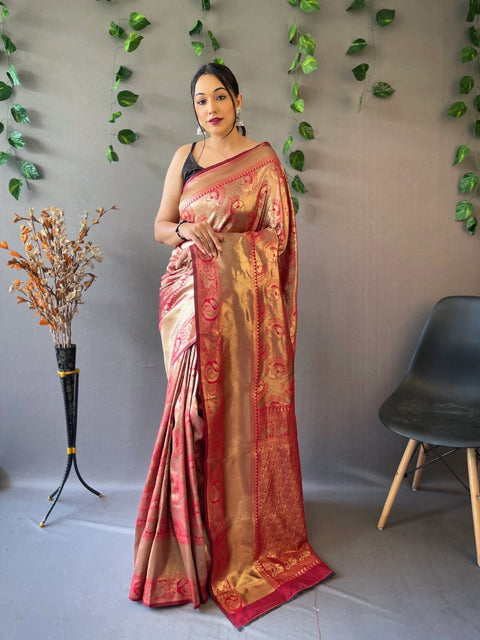 Kanjeevaram Silk Self Peacock Woven Saree Dark Red Clothsvilla Main image