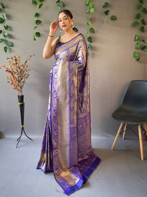 Kanjeevaram Silk Self Peacock Woven Saree Persian Indigo Clothsvilla Main image