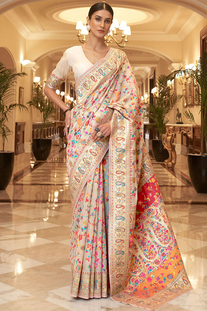 Gratifying Beige Pashmina saree With Panoply Blouse Piece Bvipul