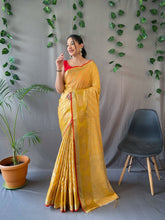Load image into Gallery viewer, Kasturi Cotton Leheriya Woven Saree Yellow Clothsvilla