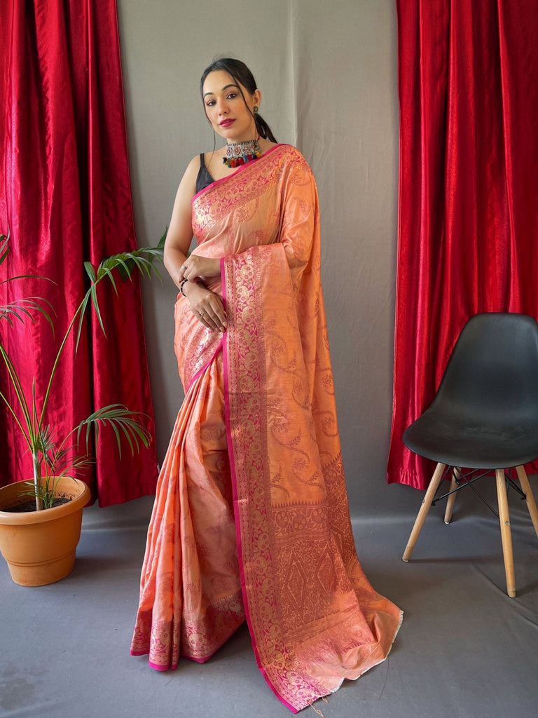 Kasturi Cotton Rose Gold Jaal Woven Saree Peach Clothsvilla