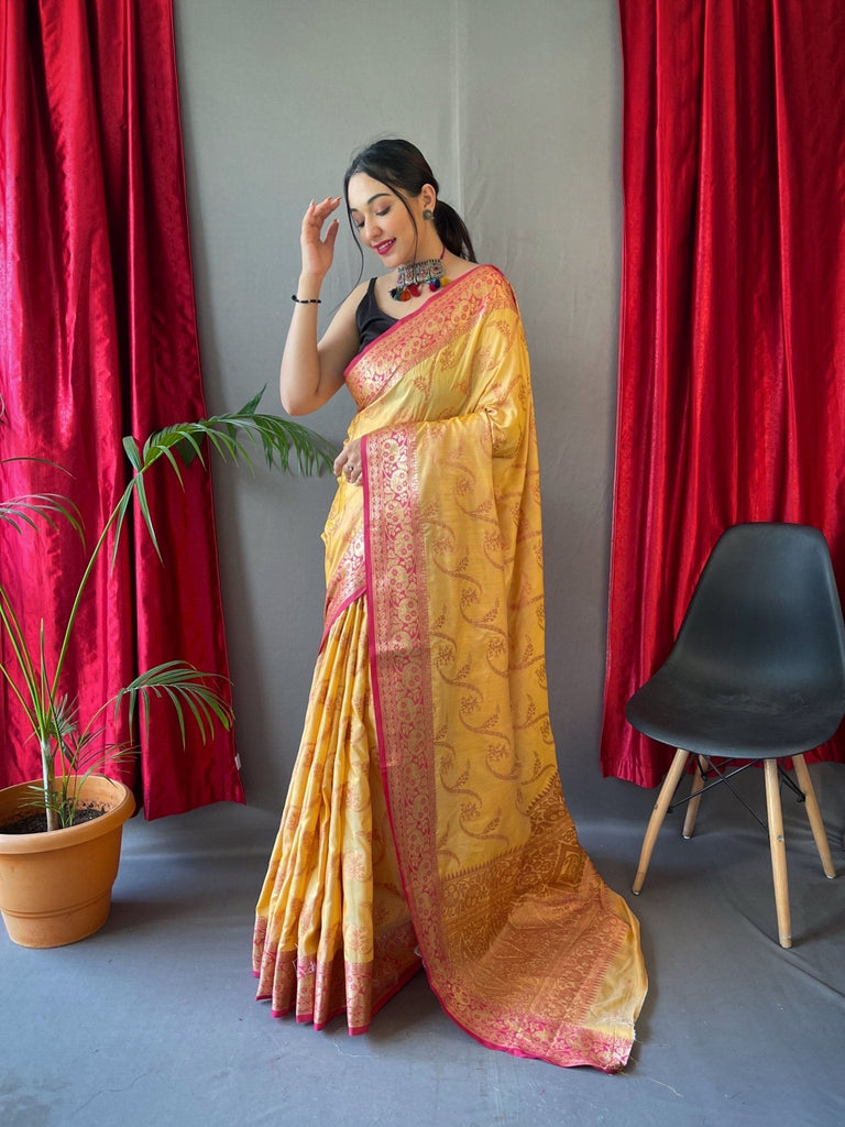 Kasturi Cotton Rose Gold Jaal Woven Saree Yellow Clothsvilla