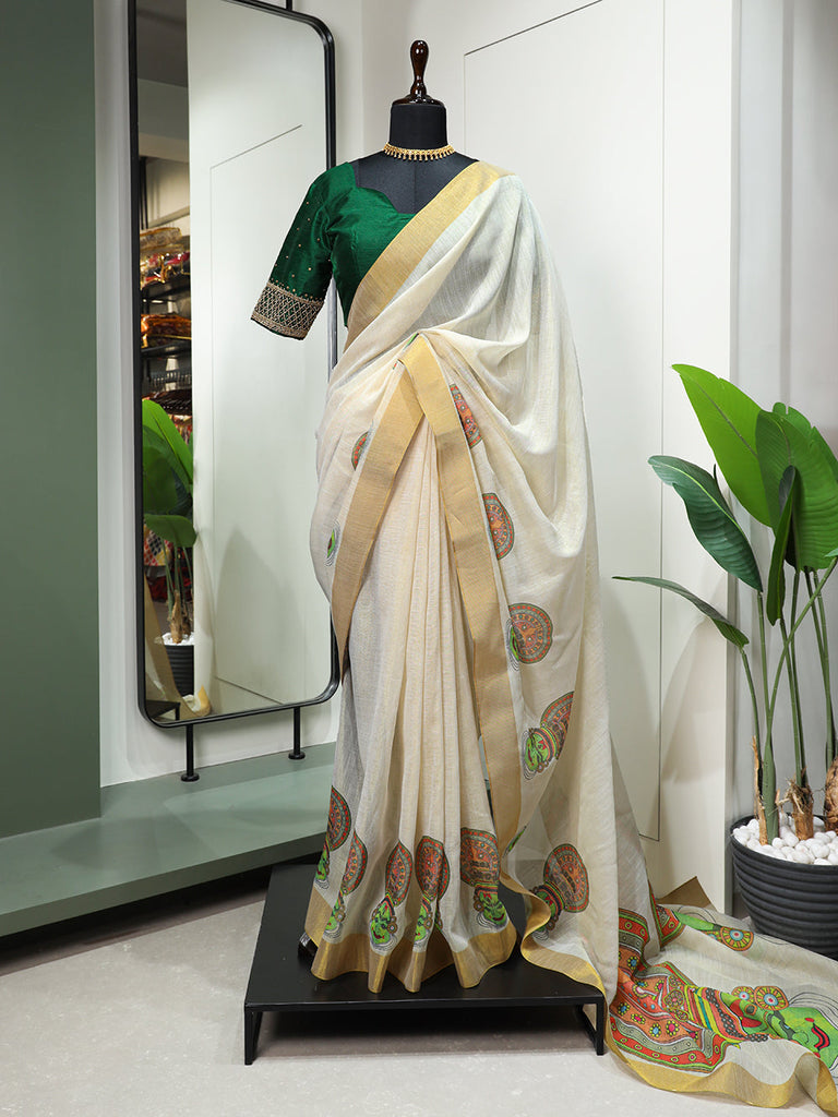 Kathak Design Printed Kasavu Zari Border Saree Clothsvilla