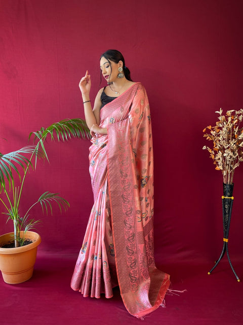 Kesariya Soft Silk Floral Printed Woven Saree Daisy Pink Clothsvilla Main image