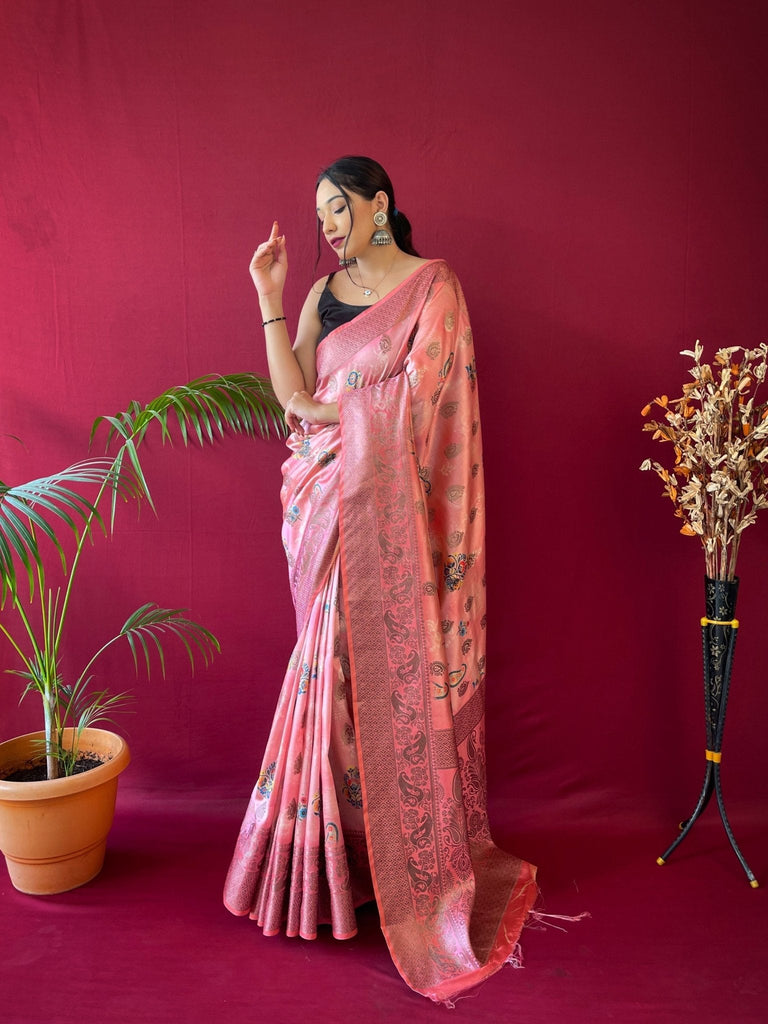 Kesariya Soft Silk Floral Printed Woven Saree Daisy Pink Clothsvilla