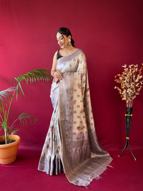 Kesariya Soft Silk Floral Printed Woven Saree Foggy Grey Clothsvilla Main image