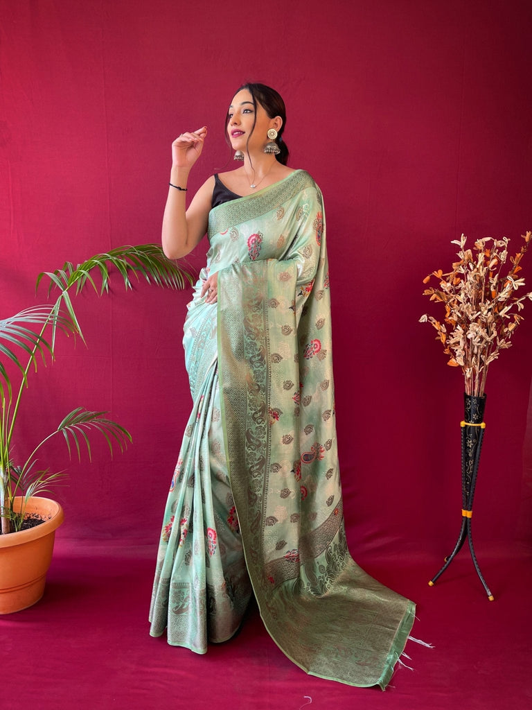 Kesariya Soft Silk Floral Printed Woven Saree Light Green Clothsvilla